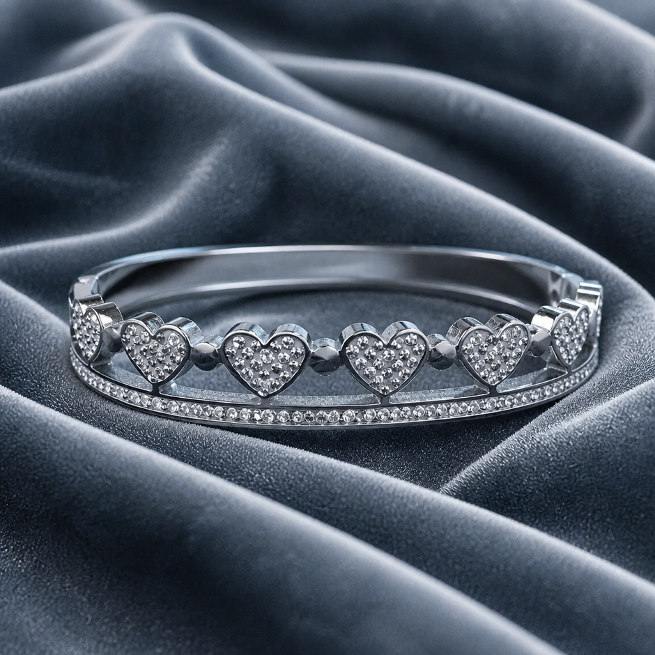 Bracciale Bangle Cuori e Strass in Acciaio 316L