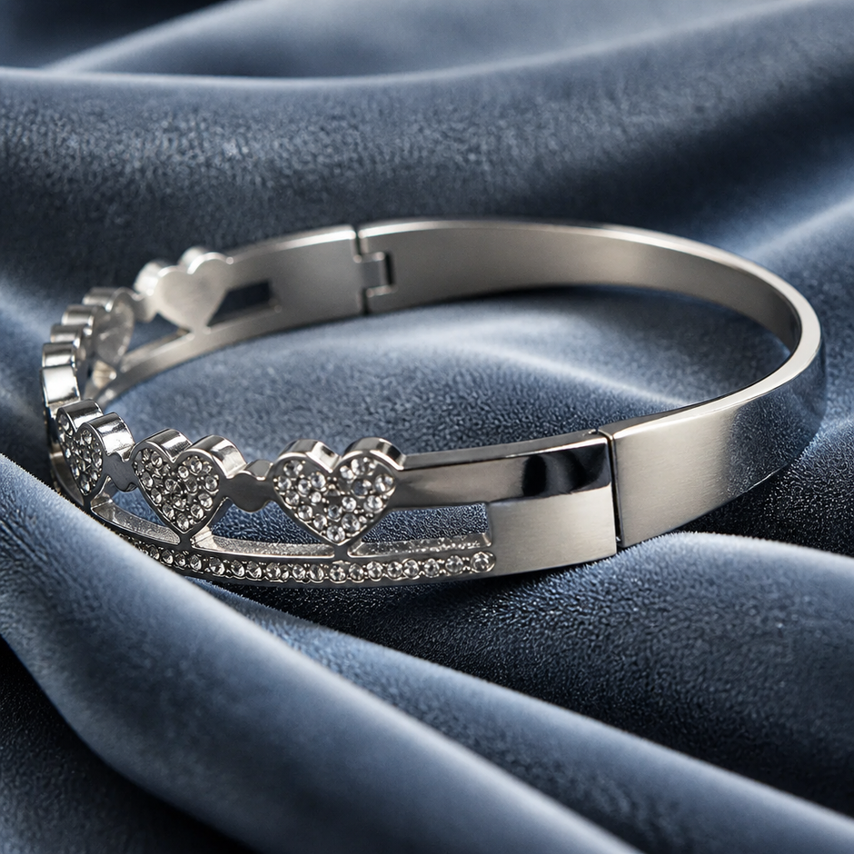 Bracciale Bangle Cuori e Strass in Acciaio 316L