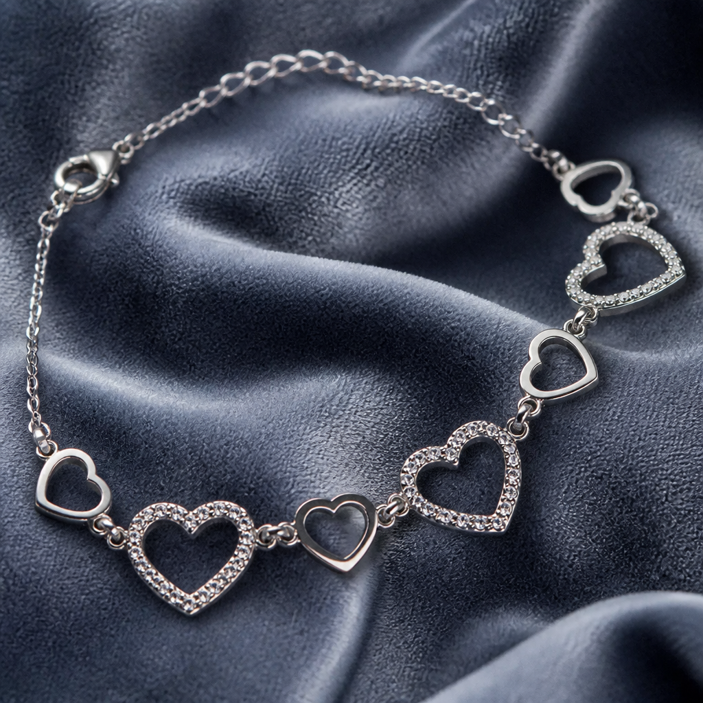 Bracciale con Cuori Alternati in Strass e Acciaio Inox 316L