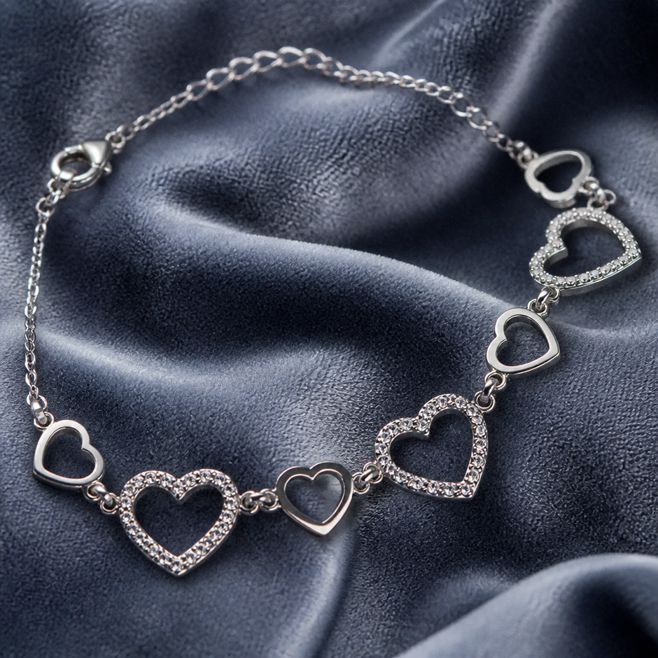 Bracciale con Cuori Alternati in Strass e Acciaio Inox 316L