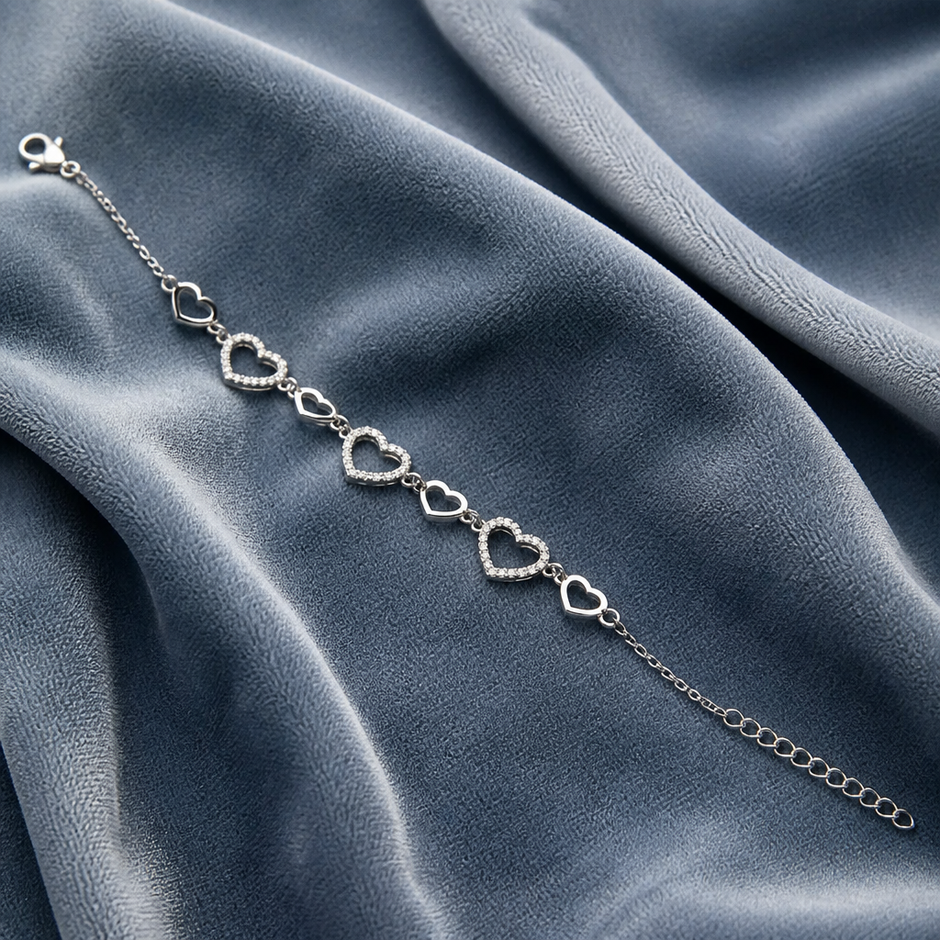 Bracciale con Cuori Alternati in Strass e Acciaio Inox 316L