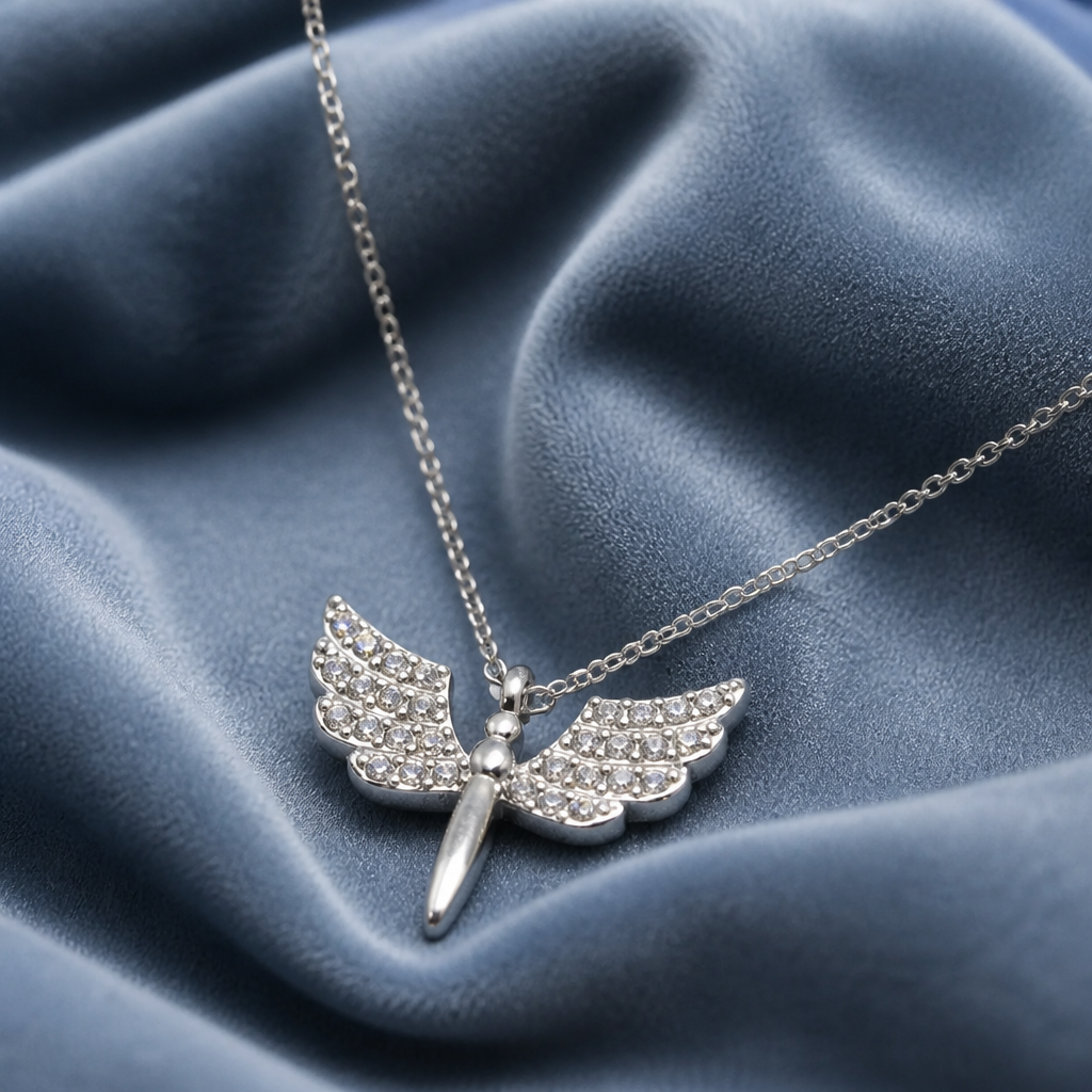 Collana con Pendente a Ali d'Angelo in Acciaio Inox 316L e Zirconi