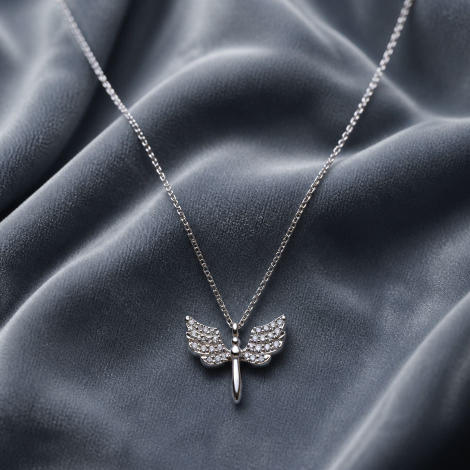 Collana con Pendente a Ali d'Angelo in Acciaio Inox 316L e Zirconi