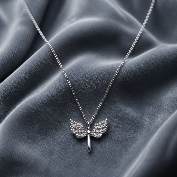 Collana con Pendente a Ali d'Angelo in Acciaio Inox 316L e Zirconi