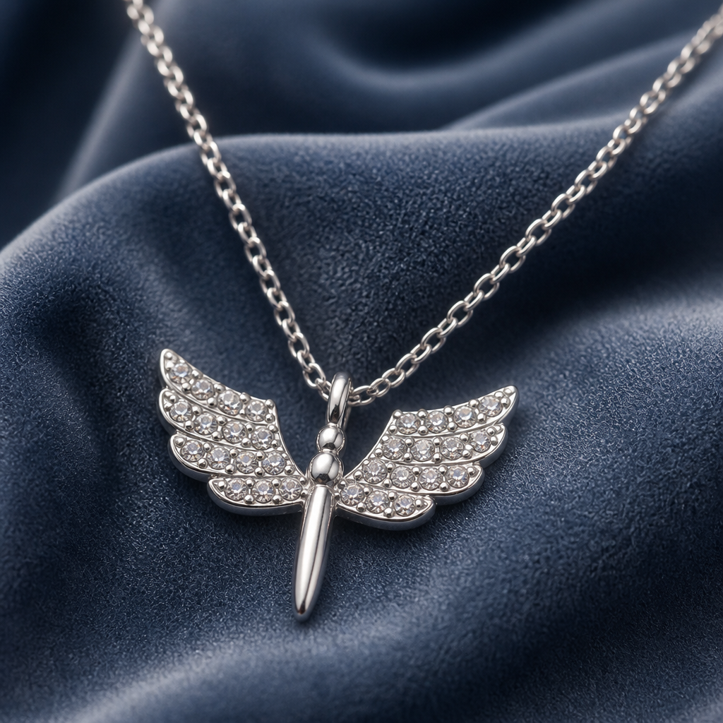 Collana con Pendente a Ali d'Angelo in Acciaio Inox 316L e Zirconi