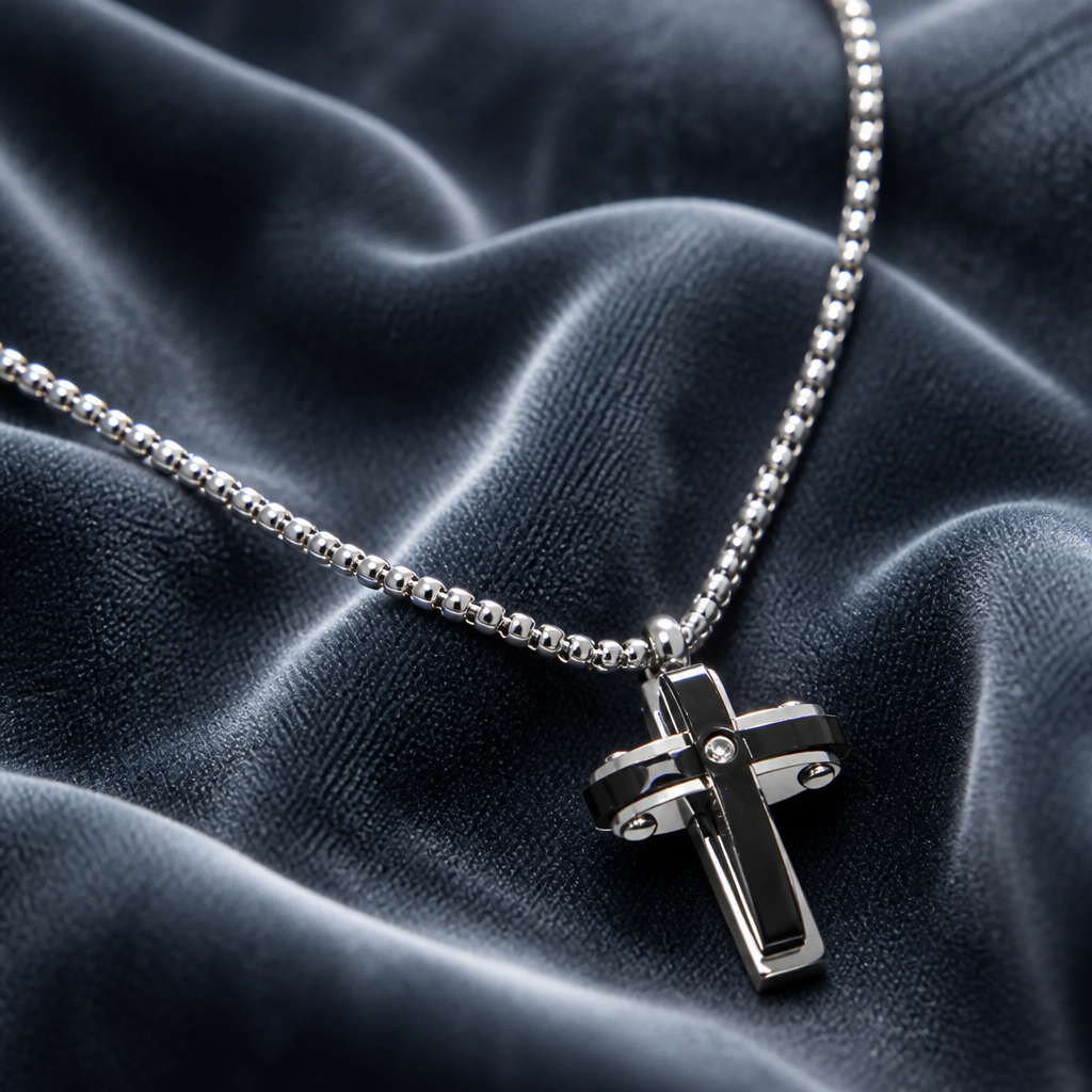 Collana Uomo con Pendente Croce Bicolore in Acciaio Inox 316L