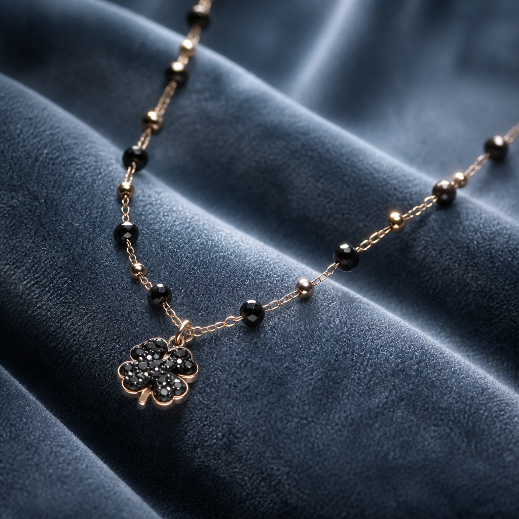 Collana Portafortuna con Pendente Quadrifoglio e Cristalli in Acciaio 316L