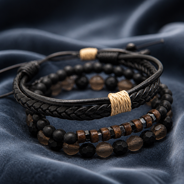 Set di 3 Bracciali Uomo in Cuoio, Legno e Perline in Pietra