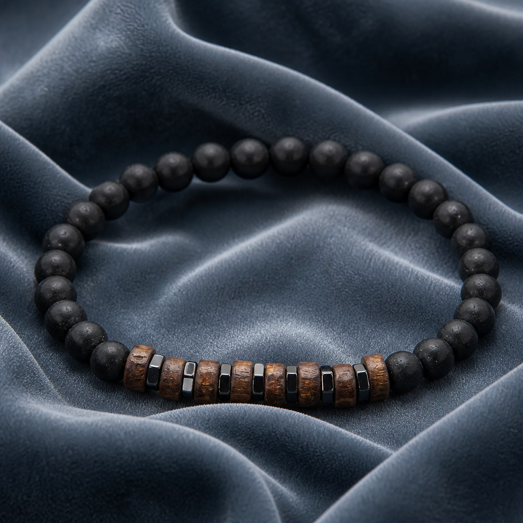 Set di 3 Bracciali Uomo in Cuoio, Legno e Perline in Pietra