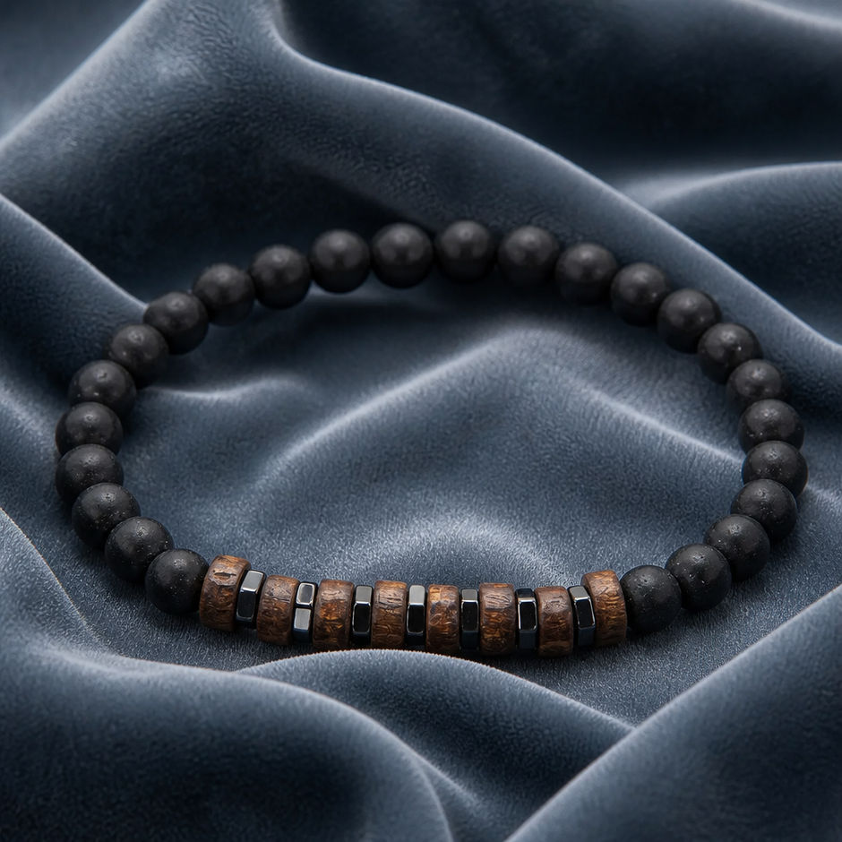 Set di 3 Bracciali Uomo in Cuoio, Legno e Perline in Pietra
