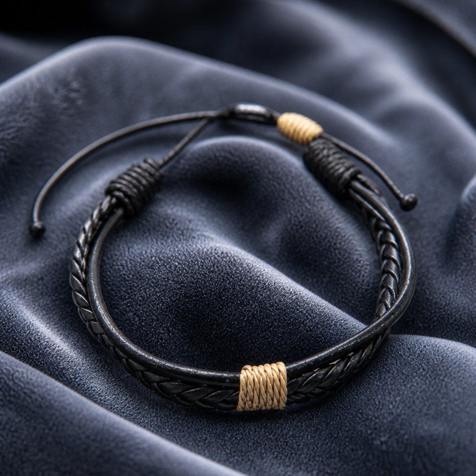 Set di 3 Bracciali Uomo in Cuoio, Legno e Perline in Pietra